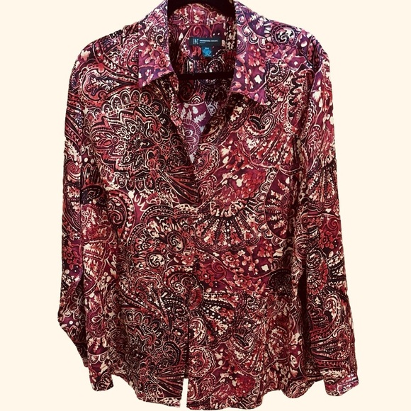 INC Embellished Paisley Floral 100% Silk Button Down Blouse Burgundy Wine 18W - Picture 1 of 10